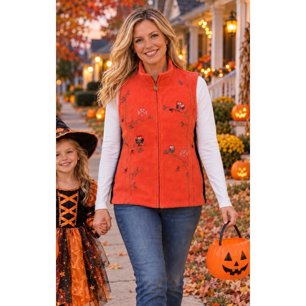 Northern Reflections Fleece Vest Women's L Full Zip Halloween Fall Owls